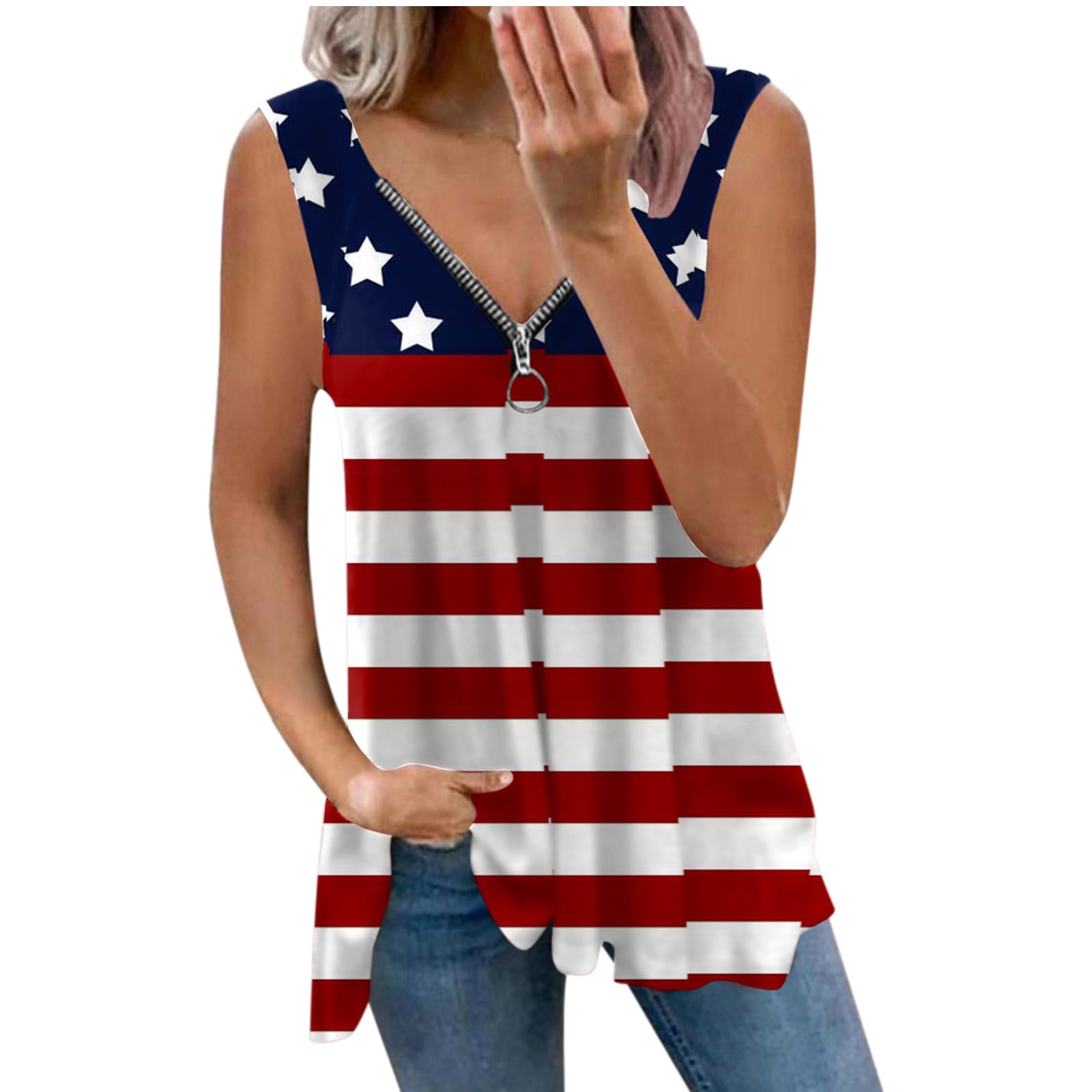 Ganfancp Women's Button T Shirt Summer Crewneck Short Sleeve Cotton Linen Top Independence Day US Flag Print Loose Blouse 