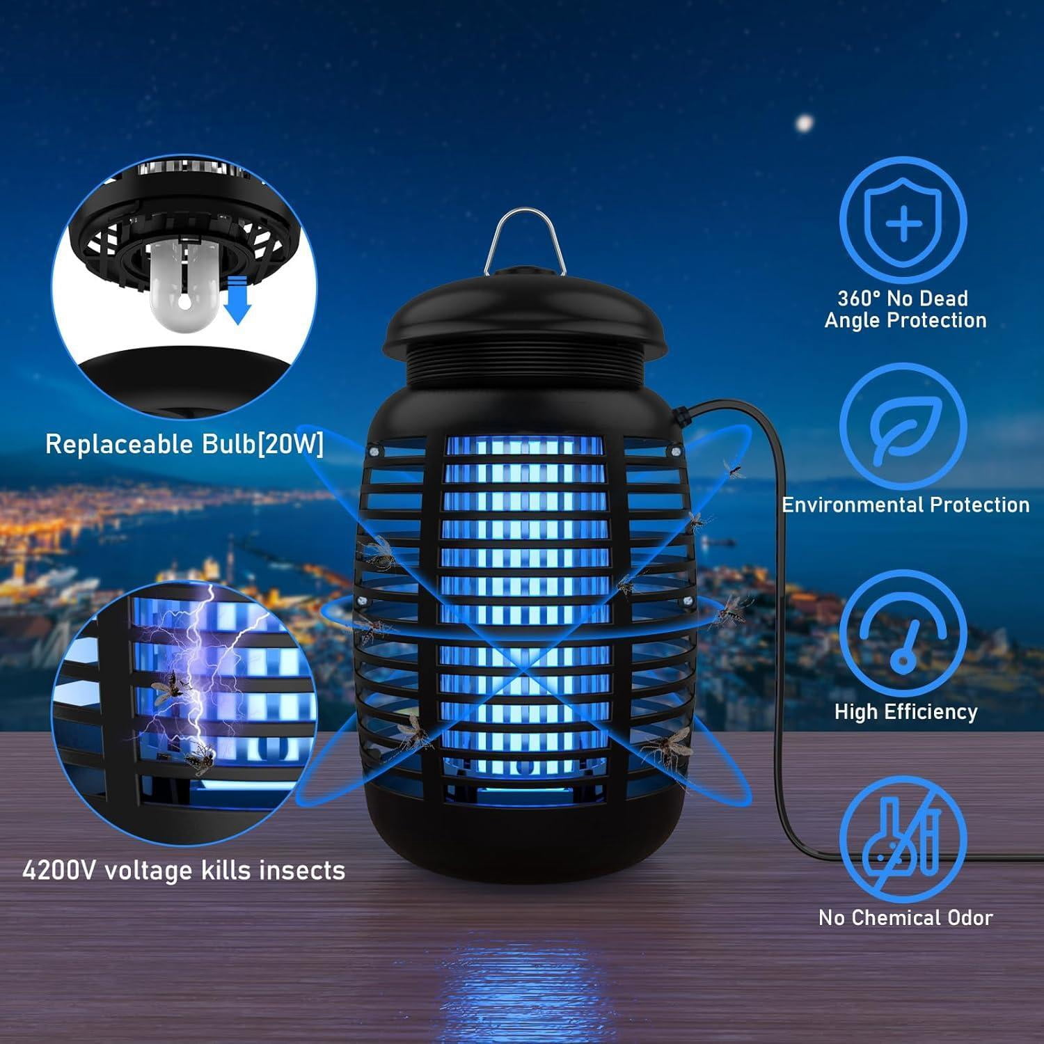 HeartGoods Bug Zapper Outdoor, Mosquito Zapper, Insect Zapper Electric Fly Traps for 1/2 Acre, 3.9 ft Power Cord, 4200V, ABS Plastic Outer, Black