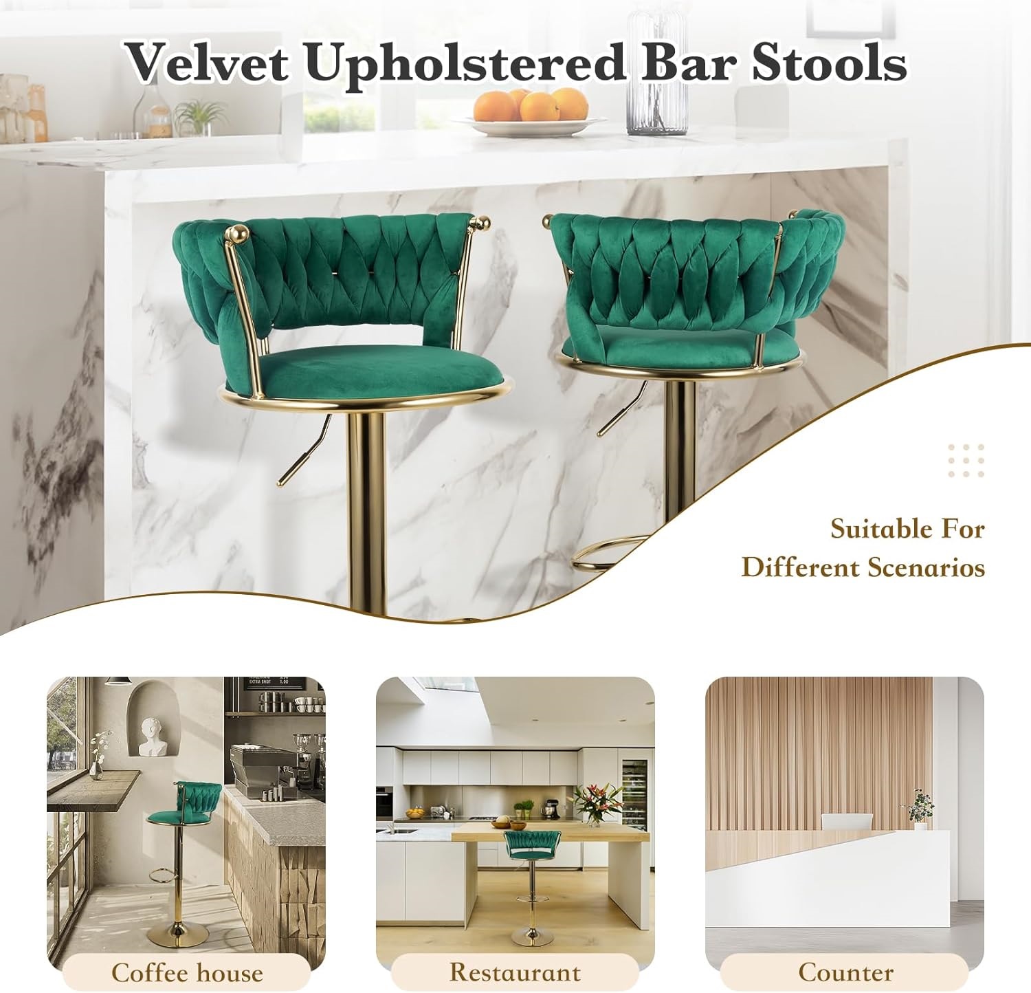 Homefun Swivel Velvet Bar Stools Set of 2, Height Adjustable Counter Height Stools with Low Back, Gold Swivel Bar Chairs for Kitchen Island