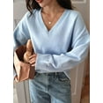 thumbnail image 3 of Women'S Loose V-Neck Long Sleeve Soft Ribbed Knit Pullover Top Solid Color Comfortable Casual Sweater Light Blue L, 3 of 5