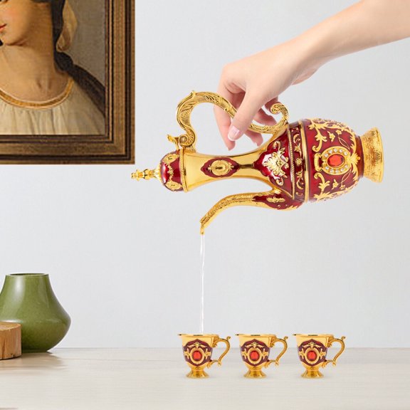 Antique Turkish Coffee Tea Cups Pot Set Gift with 6 Luxury Teacups & Tray, 8.45Oz Teapot, Red