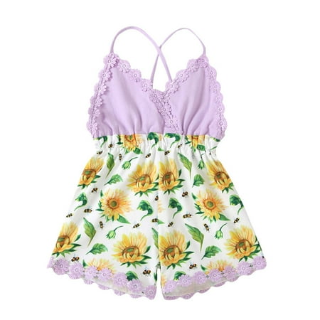 

Utoimkio Toddler Baby Girls Floral Romper Lace Trim Backless Bodysuit Sunflower Print One-Piece Jumpsuit Summer Overall Outfits 6M-5Y