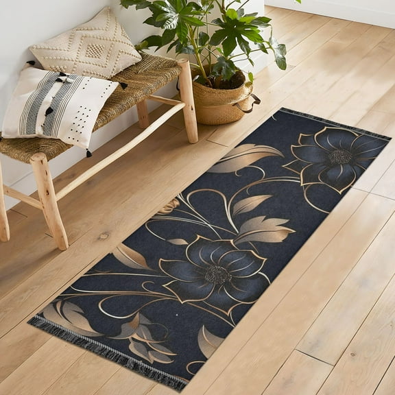 Flower on Black Runner Rug 2'x6' Hallway Area Rugs Vintage Non Slip Entryway Runner Carpet with Tassels Living Room Bedroom