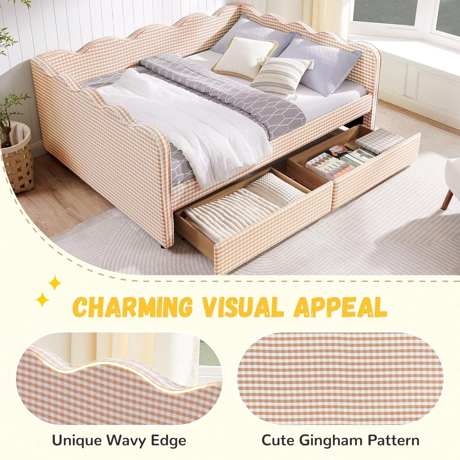 avobird Cozy Gingham Daybed with 2 Storage Drawers Queen Size Sofa Bed for Living Room, Sleeper Sofa with USB Port and Adorable Wave Shaped, Linen Fabric, Pink