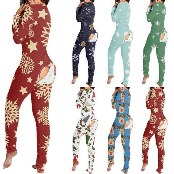 VerPetridure Women's Christmas Long Sleeve Button Down Jumpsuits for Women Elk Print Casual One Piece Pajamas Outfits Straight Leg Long Pants Home Sleepwear