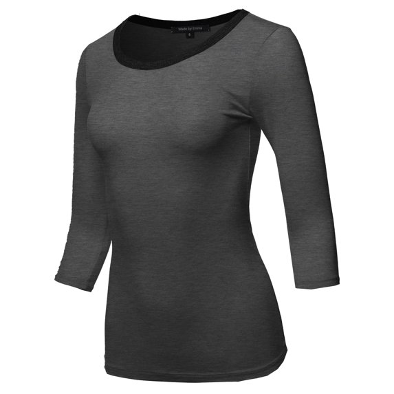 FashionOutfit Women's Casual Comfortable Soft Stretch Contrast Binding 3/4 sleeve Crew Neck Top