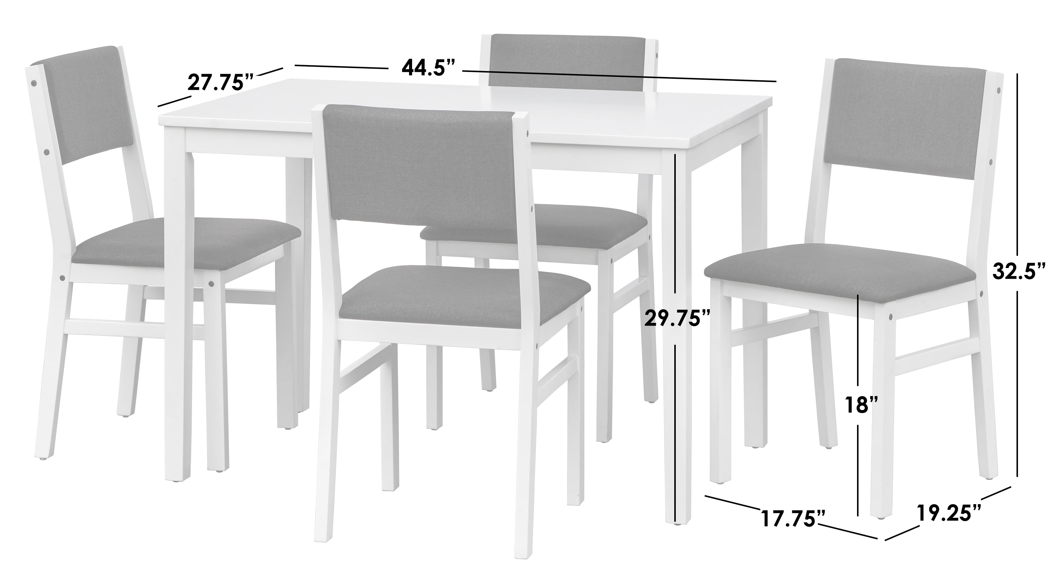 TWM National 5 Piece, Adult Mid-Century High Back Rubberwood Dining Table with Chair, Black