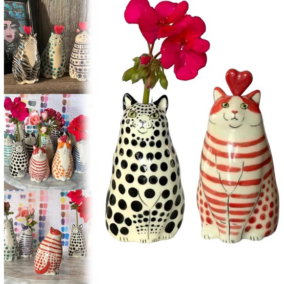 Whimsical Hand-Painted Cat Vase Collection, Whimsical Handmade Polka Dot Cat Vase Flower, Handmade Kitten Vases, Functional Tiny Animal Vases for Office Home Decor (2pcs E)