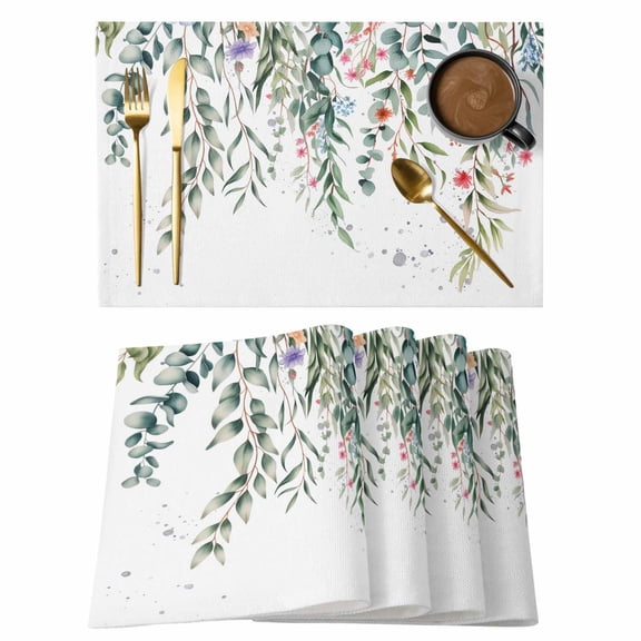 Placemats Set of 6, Green Leaves Woven Placemat, Linen Place Mats for Kitchen/Dining Tables, Eucalyptus Leaves Weeping Summer Botanical Washable Table Mats for Party