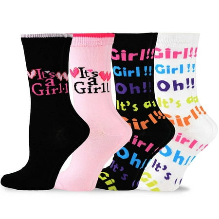 TeeHee Baby Shower Cotton Crew Socks for Women 4-Pack (Girl)