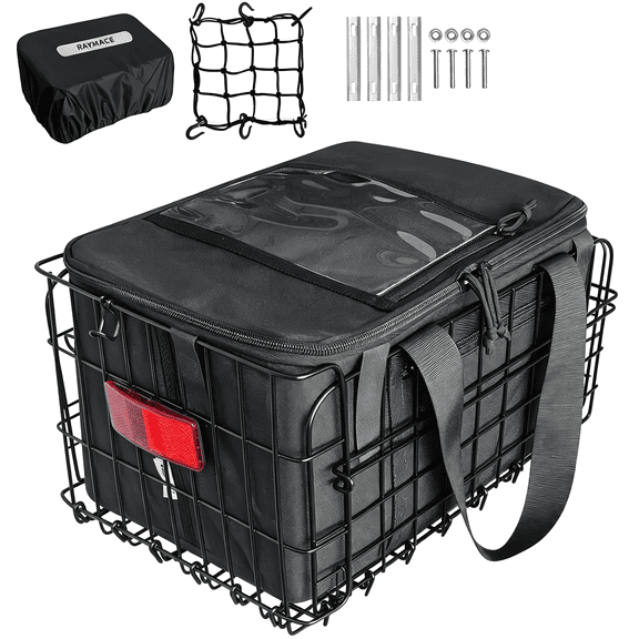 LADYGYM Bike Basket Rear,Bicycle Basket with Removable Liner,Rainproof Cover and Cargo Net,Folding Bike Baskets for Adult,Quick Release Design Fits for Most Rear Mounted Bike Rack