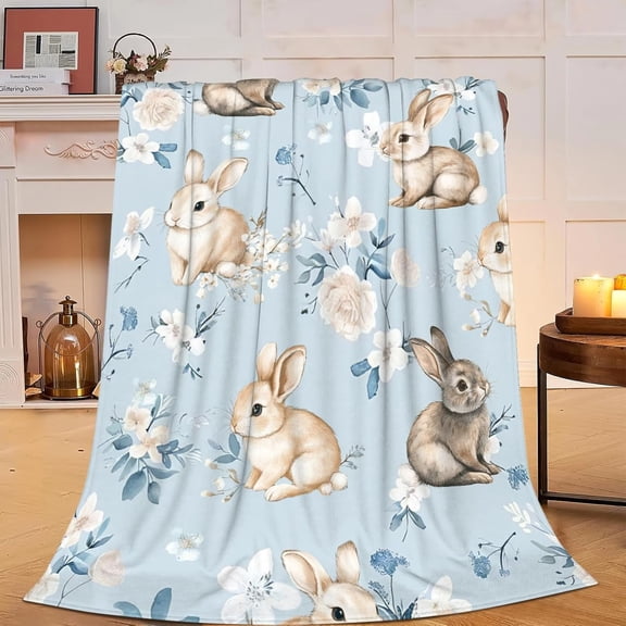 Rabbit Blanket Blue Bunny Rabbits Flower Throw Blanket Soft Warm Cozy Fuzzy Plush Gifts for Girls Women Lightweight Fleece Flannel Stuff Adults 50"X40"