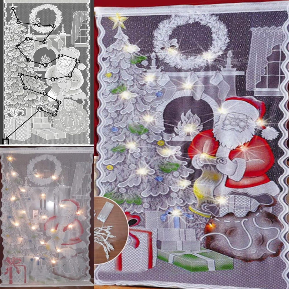 Goory 1-Piece Rod Pocket Xmas Sheer Door Window Curtain,Christmas Lace Voile Window Drape,Santa Claus Tulle Wall Curain Panel With LED Light-W:40'xL:84'