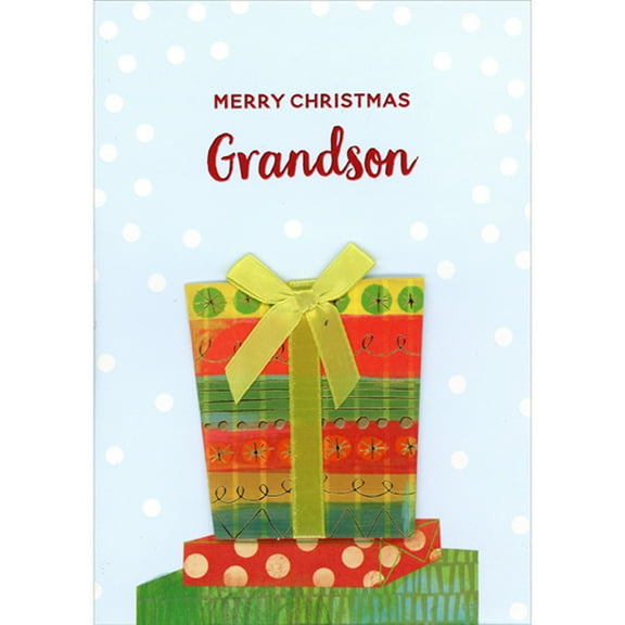 Designer Greetings Red, Green and Yellow 3D Die Cut Gift with Green Bow on Light Blue Hand Decorated Christmas Card for Grandson