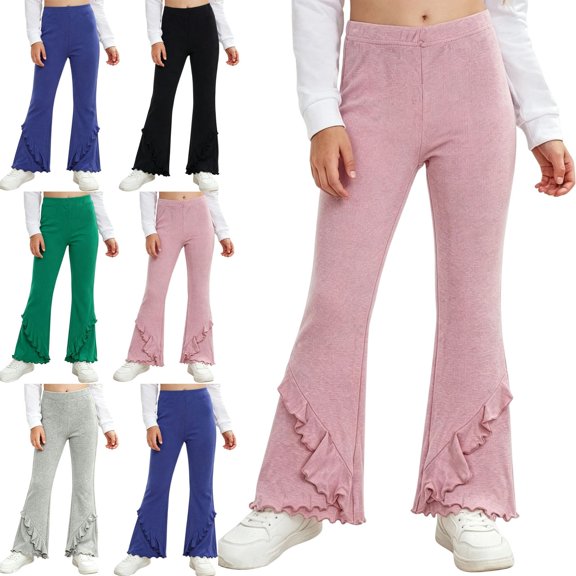ITSAME Girls Ruffle Flared Pants High Waist Loose Fit Stretchy Fall Versatile Casual Pants Pink Size 3T