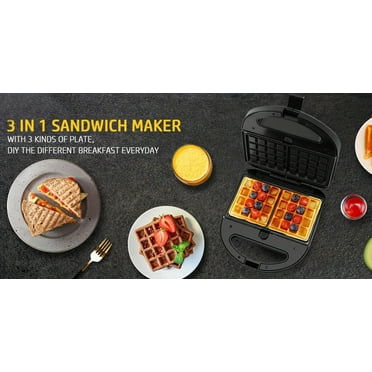 3-in-1 Sandwich Maker, Panini Press & Waffle Iron, 750W Toaster With Removable Non-Stick Plates, Perfect For Grilled Cheese, Sandwiches & Steaks, Black