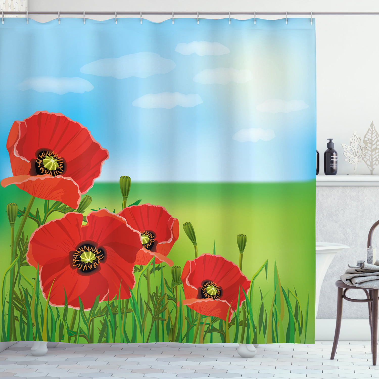 Poppy Shower Curtain Sunny Day Is Upon, Red Poppy Shower Curtain Hooks