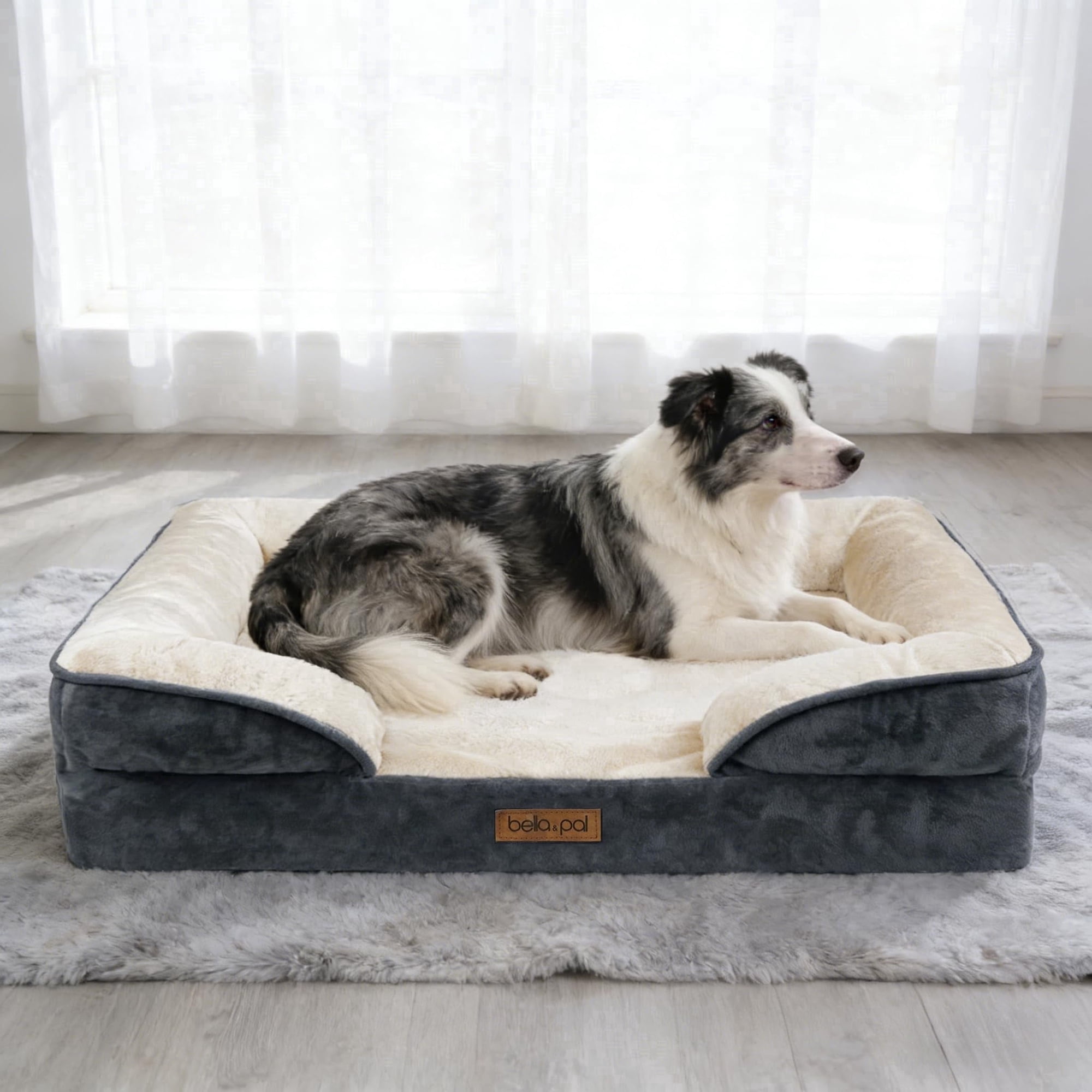 BELLA & PAL Orthopedic Dog Bed for Large Medium Dogs – No Assembly Needed, Egg-Crate Foam Dog Couch with Waterproof Liner, Washable Removable Cover, Non-Slip, 36"x27"x6.5", Gray