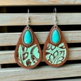 thumbnail image 4 of Retro Vintgae Genuine Leather and Turquoise Stone Teardrop Wood Western Earrings, 4 of 9