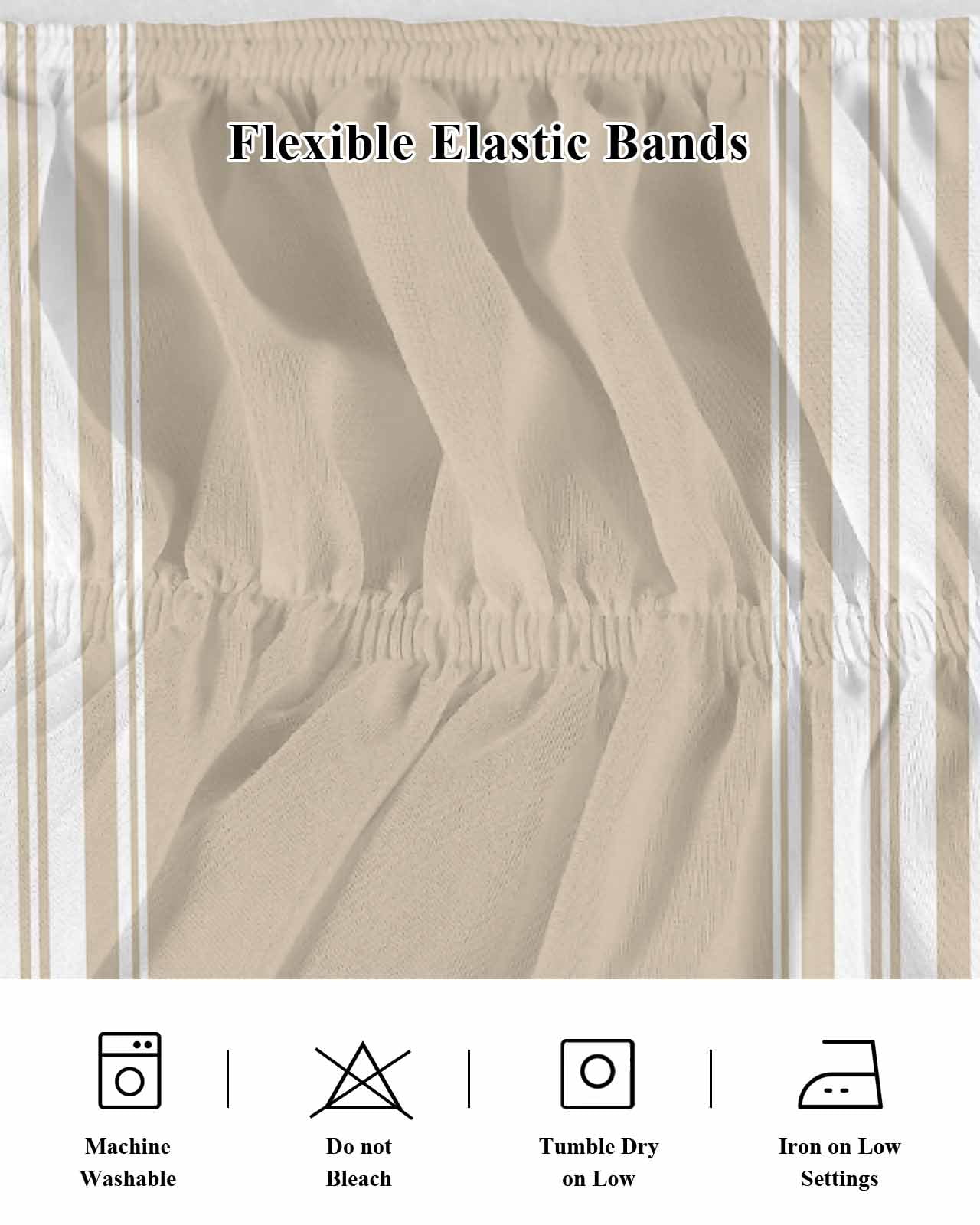 Farmhouse Khaki Bed Skirt Queen Size 16 Inch Drop, White Stripe Adjustable Elastic Dust Ruffles Bedskirt for Queen Bed Wrap Around Pleated Mattress Frame Cover