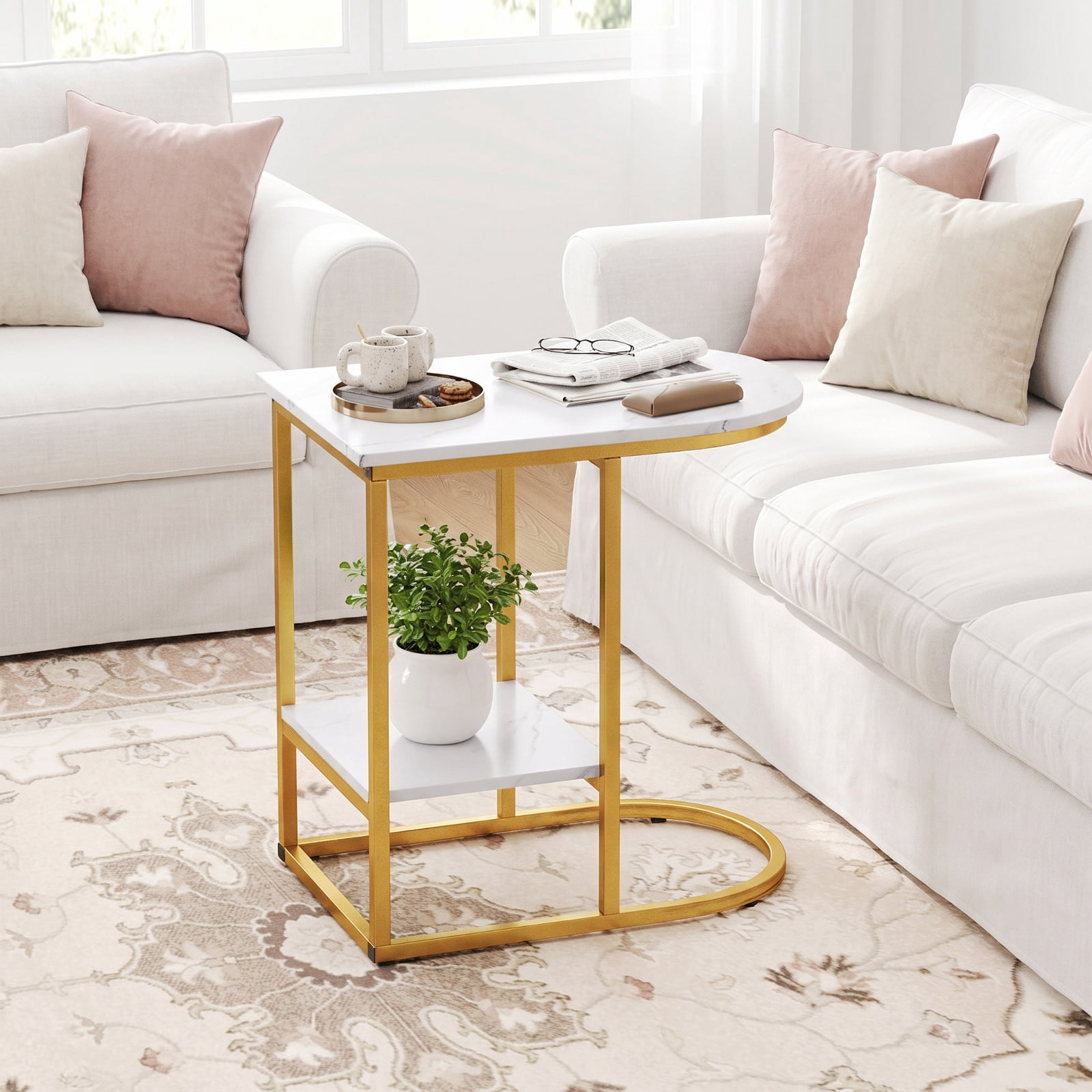 Furnibear C Shaped Modern Sofa Side Table with Faux Marble Tabletop and Two Tier Storage Shelf for Living Room Bedroom and Lounge, White