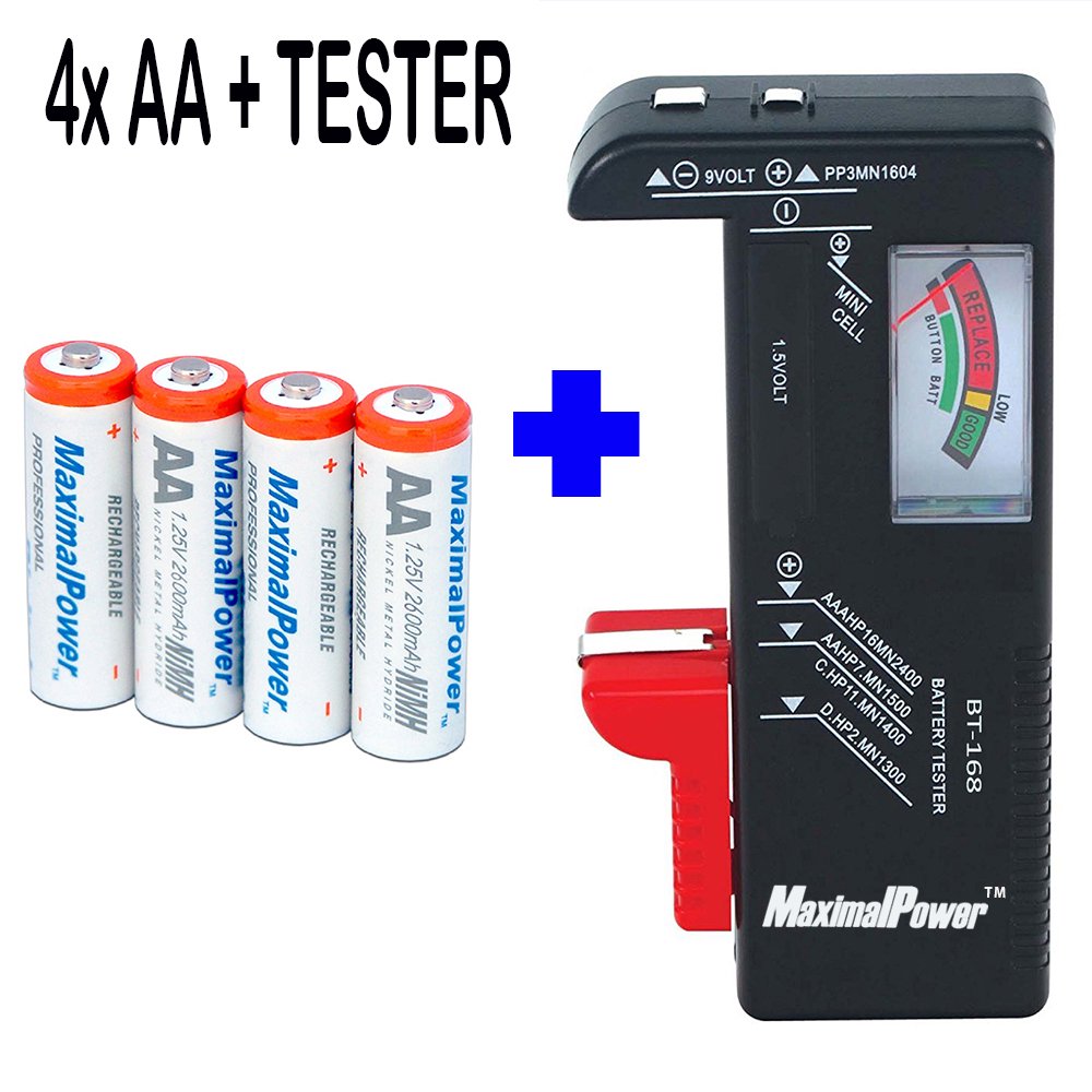 MaximalPower Universal Battery Tester Checker+Rechargeable AA NiMH/NiMh Battery 2600mAh (4 PCS