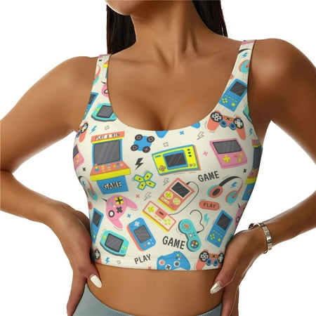 Jgfou Playing Video Games Print Womens Sports Bra - Padded Workout Sports Bras Crop Tank Top