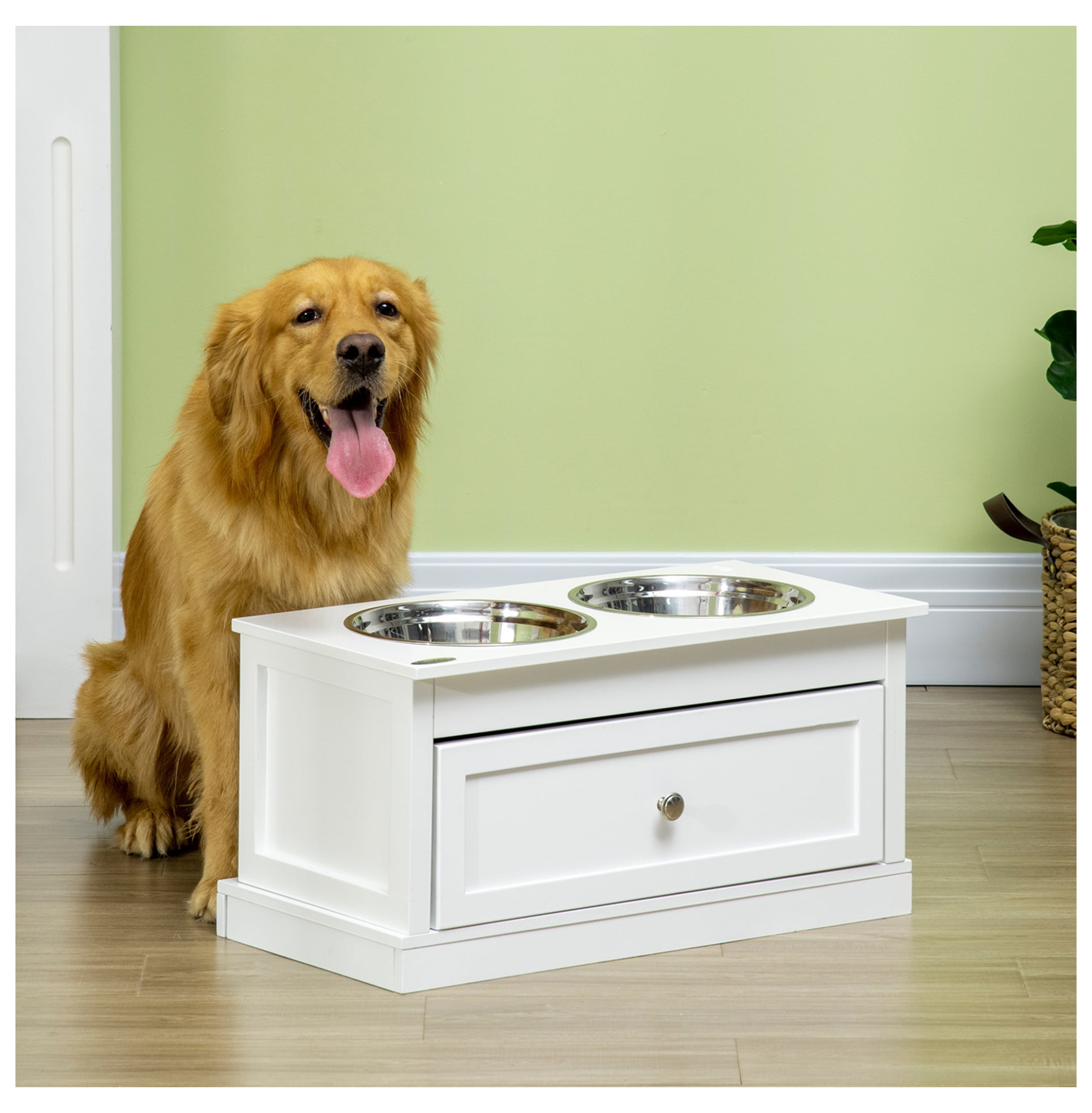Raised Dog Bowls with Storage, Large Elevated Dog Feeder Stand, 11L Capacity, Stainless Steel Bowls, White Pet Feeding Station