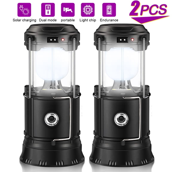 Solar Lantern: Camping Rechargeable LED Outdoor Lamp Flashlight Brightest Hanging Camp Pop Up Powered Collapsible Emergency Light with Battery Built In Phone Charger Power Outage Lights 2pcs