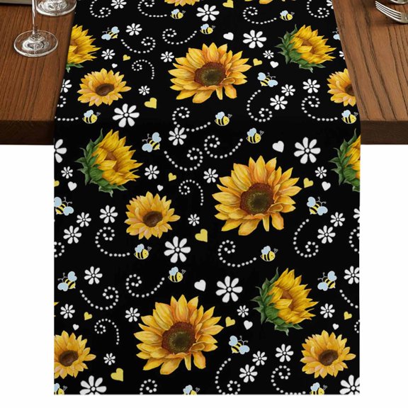 Table Runners 108 Inches Long Dress Scarves, Black Yellow Sunflower Farmhouse Coffee/Dining/Kitchen Table Runner for Living Room, Summer Botanical Farmhouse Floral 13x108 Inch