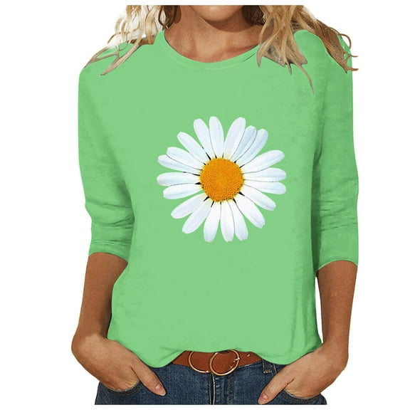 GEWSEY Womens Summer Tops Fashion Cute Daisy Print Shirts 3/4 Sleeve Casual Crewneck T Shirt Trendy Plus Size Tunic Blouses Green, XXL