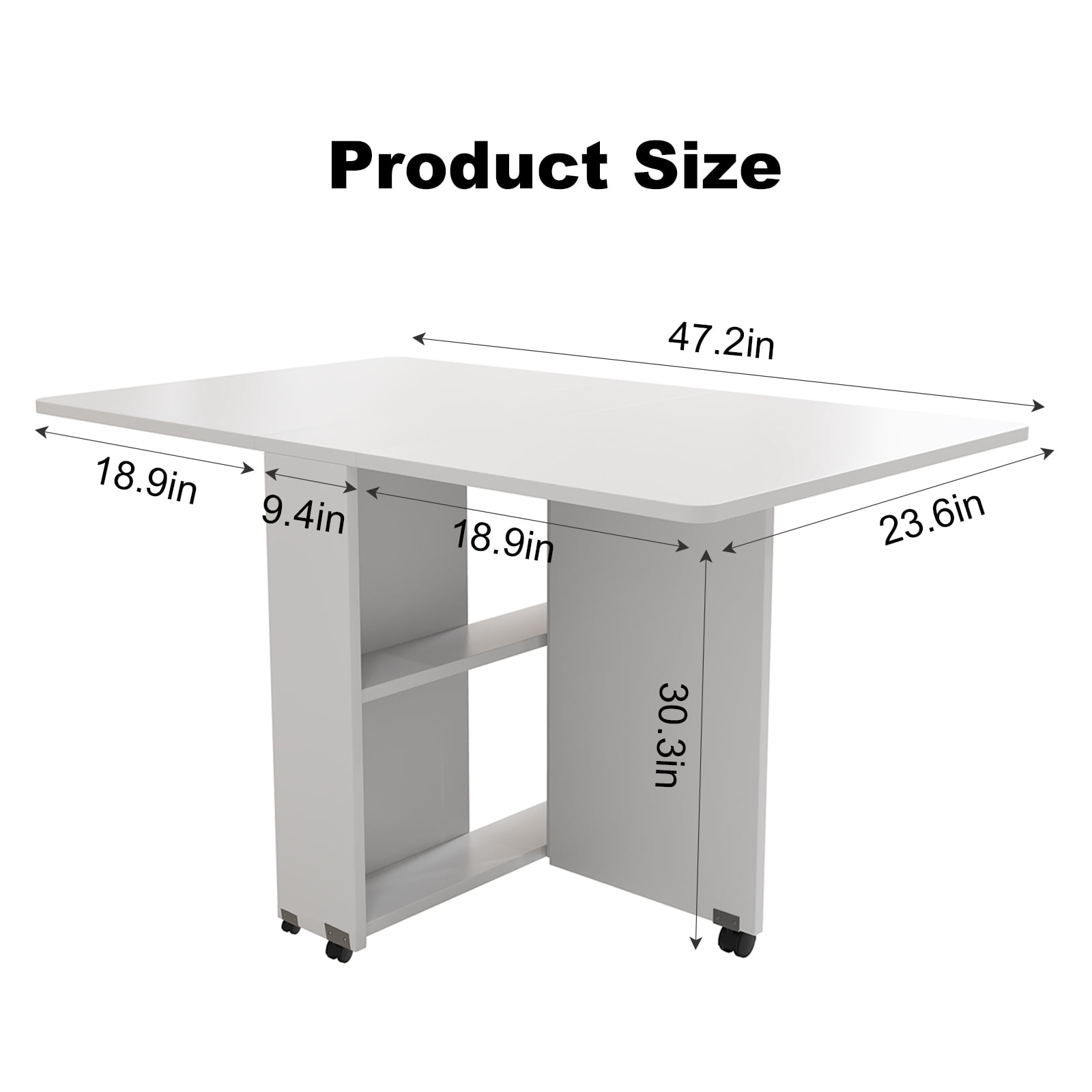Folding Dining Table Drop Leaf Table with Wheels Space Saving Kitchen Table,&nbsp;with 6 Locking Wheels and 2 Storage Shelves, Extendable for Dining Desk and Console Use, White