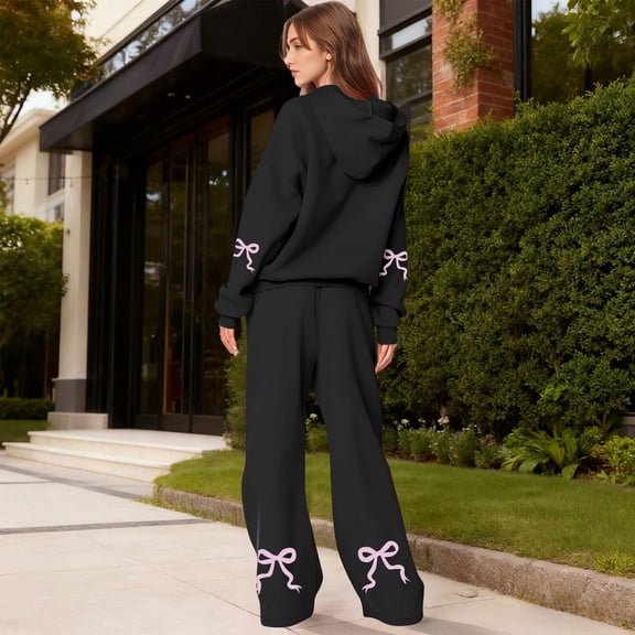 Bow Sweatpants Set for Women Bow Sweat Sets Bow Hoodie and Sweatpants Set for Women Sweat Set for Women Two Piece Bow Print Tracksuit Long Sleeve Hoodie Wide Leg Sweatpants 2 Piece Outfits, Black-L