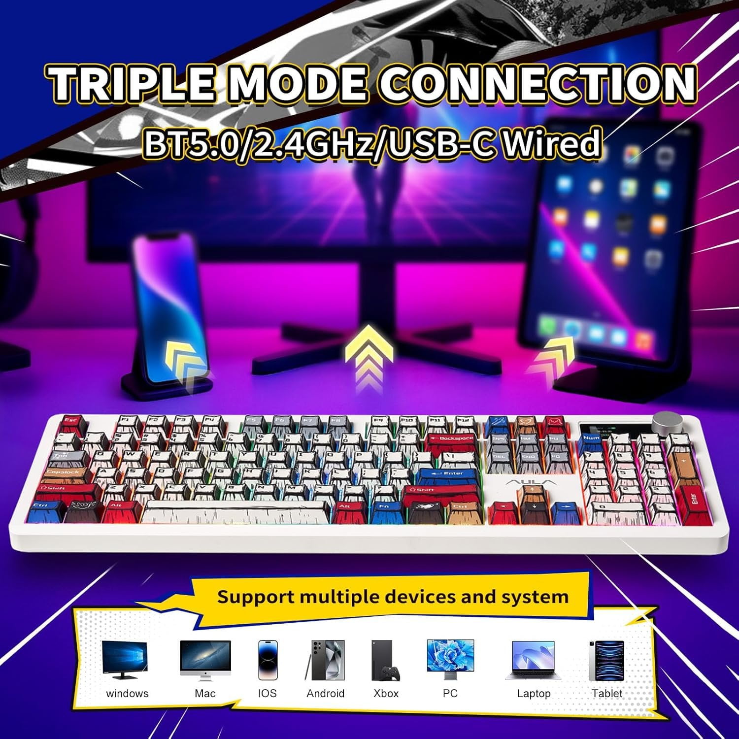F106 PRO Mechanical Keyboard,Full Size Gaming Keyboard with Hot Swappable Knob & Screen,Tri-Mode RGB Backlit with 8000mAh for PC/Laptop/Windows - Blaze ,Comic Mix