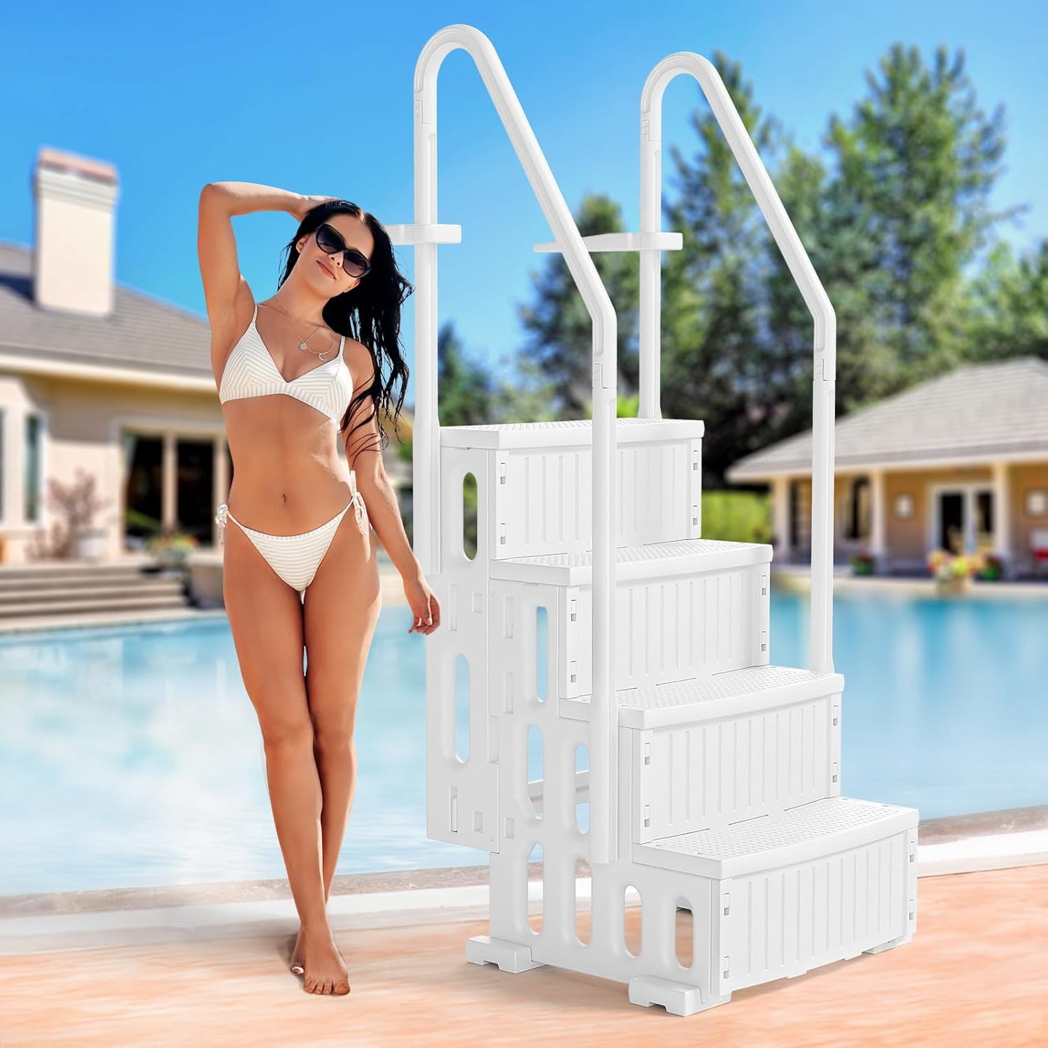 Zimtown 4-Step Above Ground Pool Ladder, White Plastic Entry Steps for Easy Pool Access