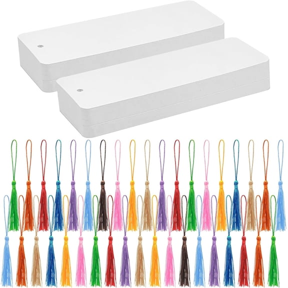 MODANU 100pcs Watercolor Paper Blank Bookmarks with Colorful Tassels, White Cardstock Bookmarks Bulk Watercolor Bookmark with Hole Bookmark Making Kit for DIY Projects Gifts Tags - 6 X 2 Inches