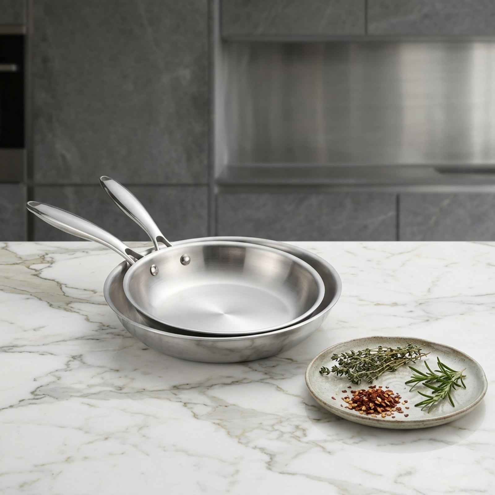 Fenbeli 2-Piece Stainless Steel Fry Pan Set with 9.5 and 11 Inch Skillets, Tri-Ply Base, Cool-Touch Handles, Silver