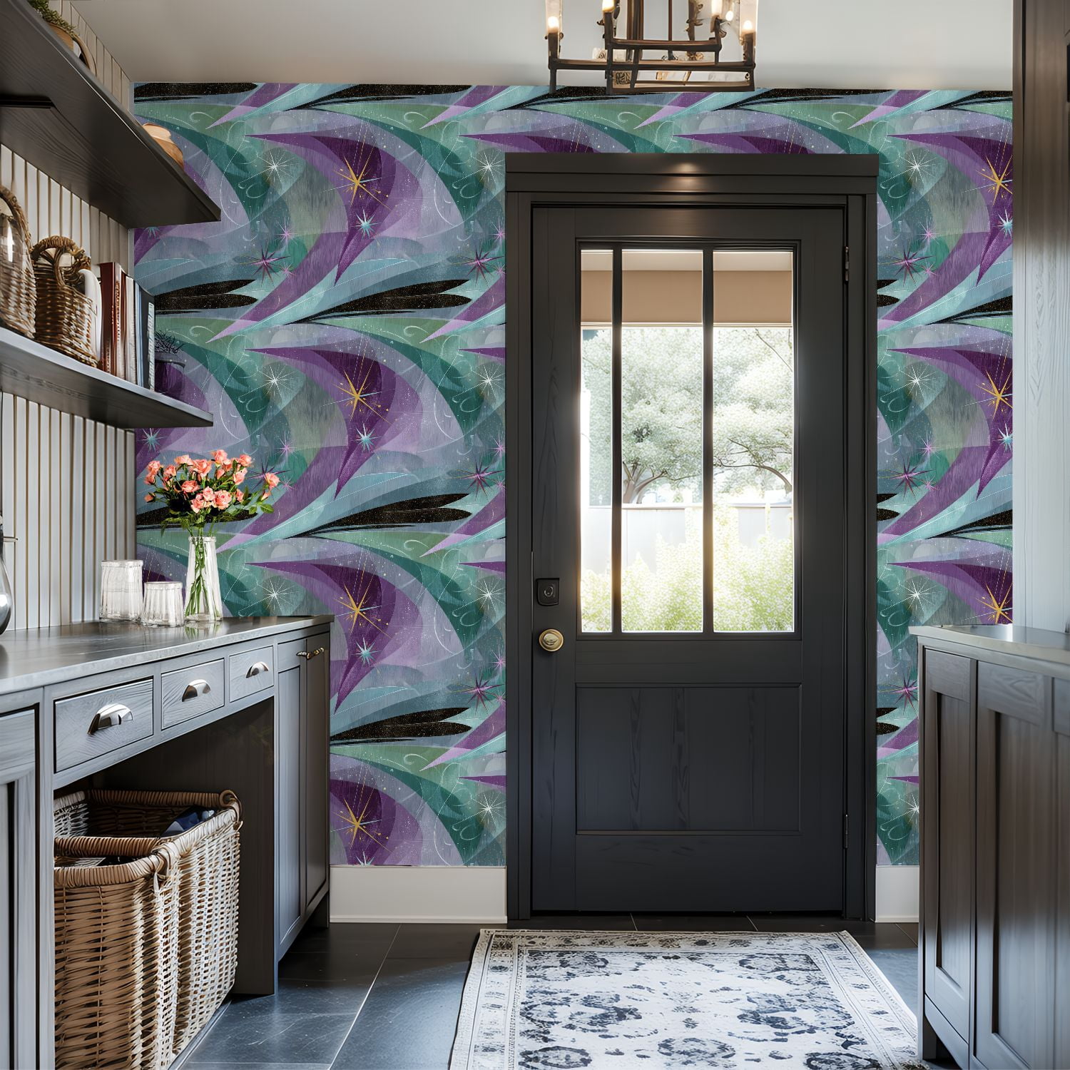 Mid Century Peel and Stick Wallpaper Abstract Geometric Star Patterns Mint Purple Gold 60s Style Wall Mural 17.7in x 9.8ft Self Adhesive Removable Wall Paper Renter Friendly Wallpaper for Bedroom