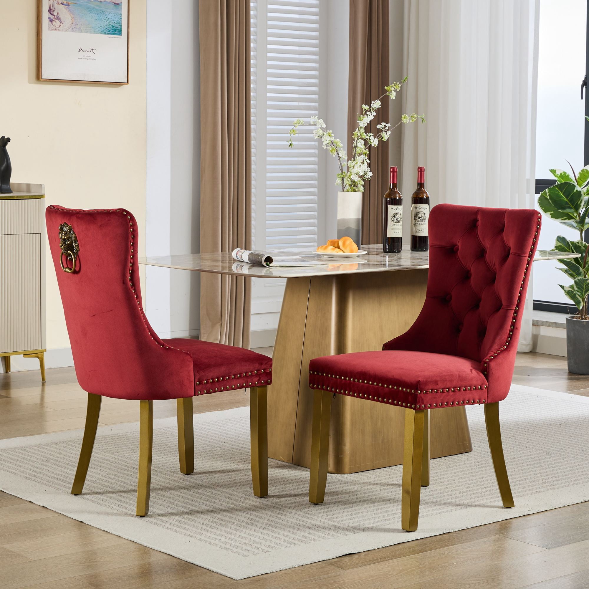 Mid-Century Velvet Dining Chairs, Wine Red, Gold Solid Wood Legs & Lion Pulls, Set of 2