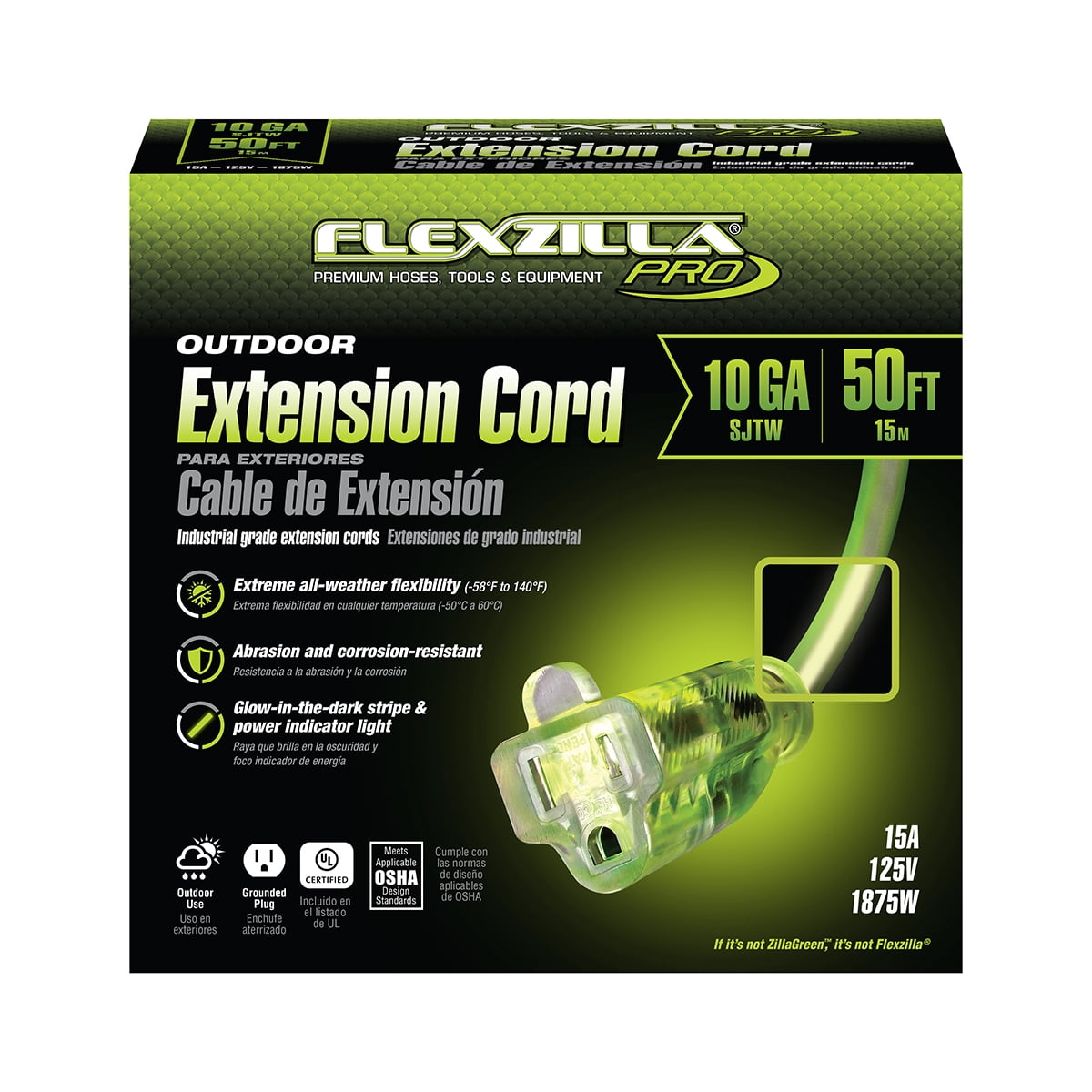 Flexzilla® Pro Extension Cord, 10/3 AWG SJTW, 50', Indoor/Outdoor, Lighted Plug