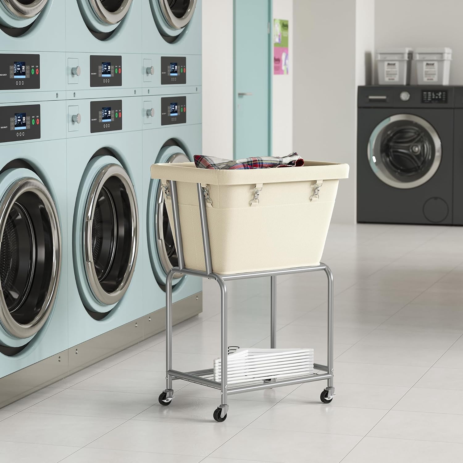 Rolling Laundry Hamper with Wheels, Laundry Cart with Removable Bag, Heavy Duty Metal Frame, 2-Tier Clothes Basket Hamper with Shelf for Closet, Bedroom, Bathroom, Laundry Room, Cream