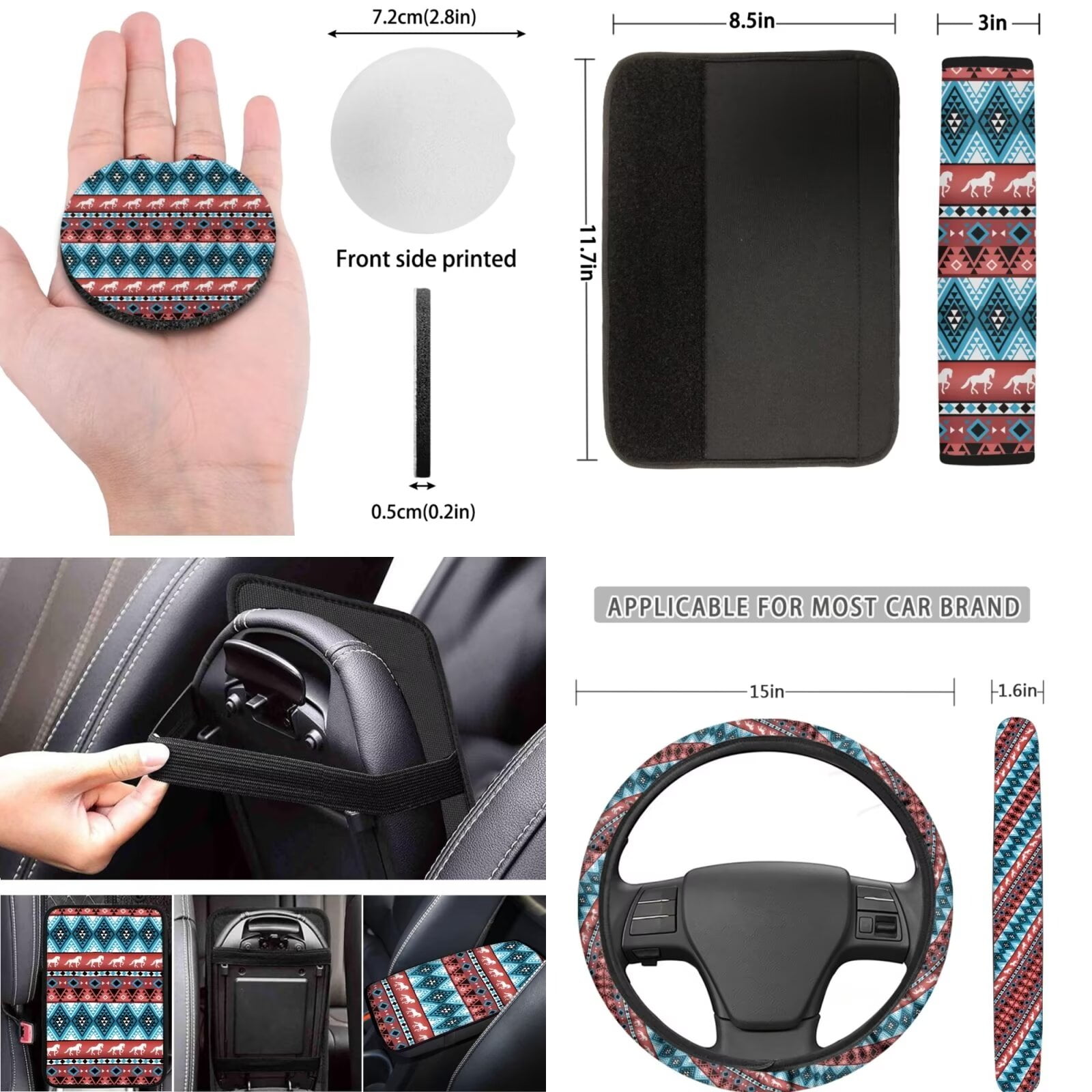 LedBack Aztec Najavo Car Seat Covers Full Set Breathable Horse Printed Car Front & Rear Seat Cover Soft Washable Steering Wheel Cover Armrest Pads Seat Belt Cover Coaster, Car Accessories Set