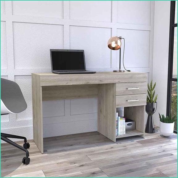 Desks for Home Office, Modern 47.2” Wide Computer Desk with Two Drawers & Lower Shelf | Light Gray | Particle Board