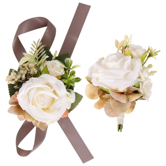 KAKOWELY 1 Set of Artificial Wrist Flower Corsage Boutonniere Set Wrist Corsage Boutonniere Kit for Bride Groom,4.92X"X3.54"X2.95"