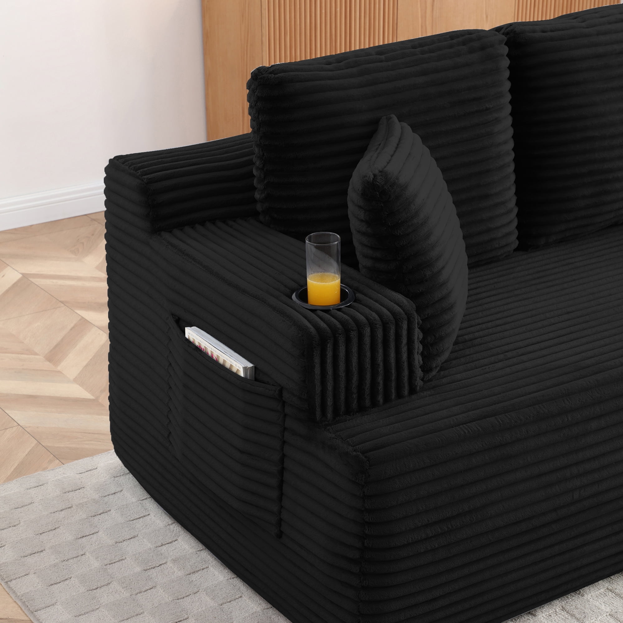 Boneless Sofa, 3-Seater Floor Couch with Cup Holders and Side Pockets, Corduroy Fabric No Assembly Sofa for Living Room or Dorm, 86.2 Inch, Black
