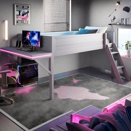 WARMMUSE Twin Size Gaming Loft Bed, Solid Wood Low Loft Bed Frame with Desk, LED Lights and Ladder for Kids & Teens, No Box Spring Needed, Grey