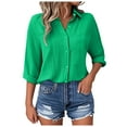 thumbnail image 2 of vigerkar Long Sleeve Shirts for Women Trendy Collared Button Down Blouses Solid Color Casual Fashion Tops (Dark Green, XXL), 2 of 5