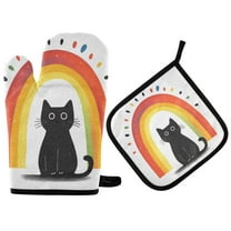 Yayeee Oven Mitts and Pot Holder Set of 2 Heat Resistant Kitchen Gloves Baking Hot Pad, Black Cat Rainbow