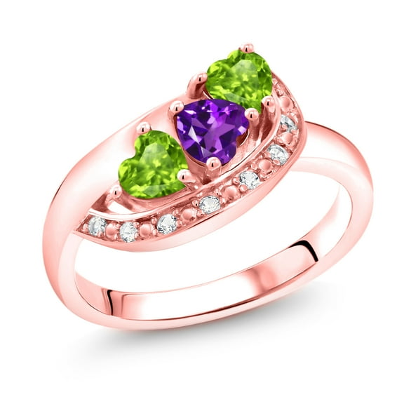 Gem Stone King 18K Rose Gold Plated Silver Purple Amethyst and Green Peridot and White Created Sapphire Engagement Ring for Women (0.91 Cttw, Gemstone February Birthstone, Heart Shape 4MM, Size 8)