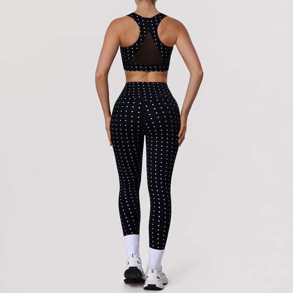 PISONIC Women 2 Piece Polka Point Workout Sets Racerback Tank Tops High Waist Tummy Control Active Leggings Yoga Outfits